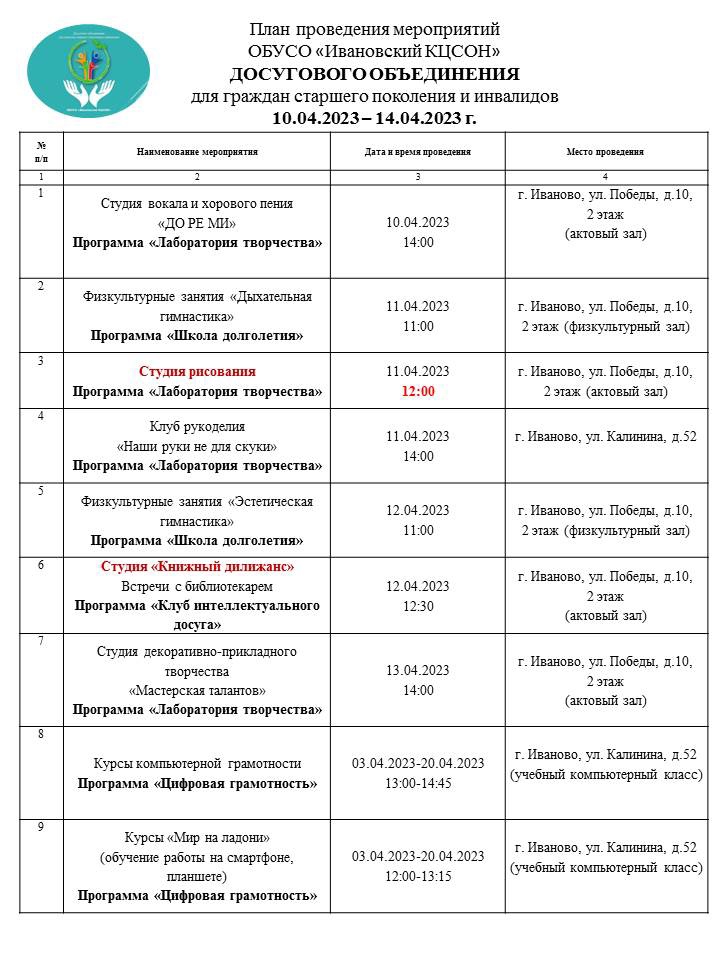 План мероприятий досугового объединения для граждан старшего поколения и инвалидов 10.04.2023-14.04.2023